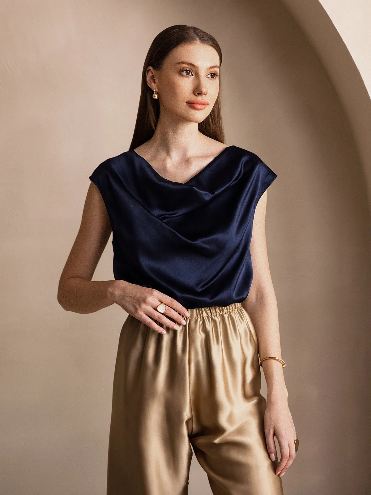 19Momme Women's Silk Cap Sleeve Cowl Neck Top sold by SilkSilky product image thumbnail 4