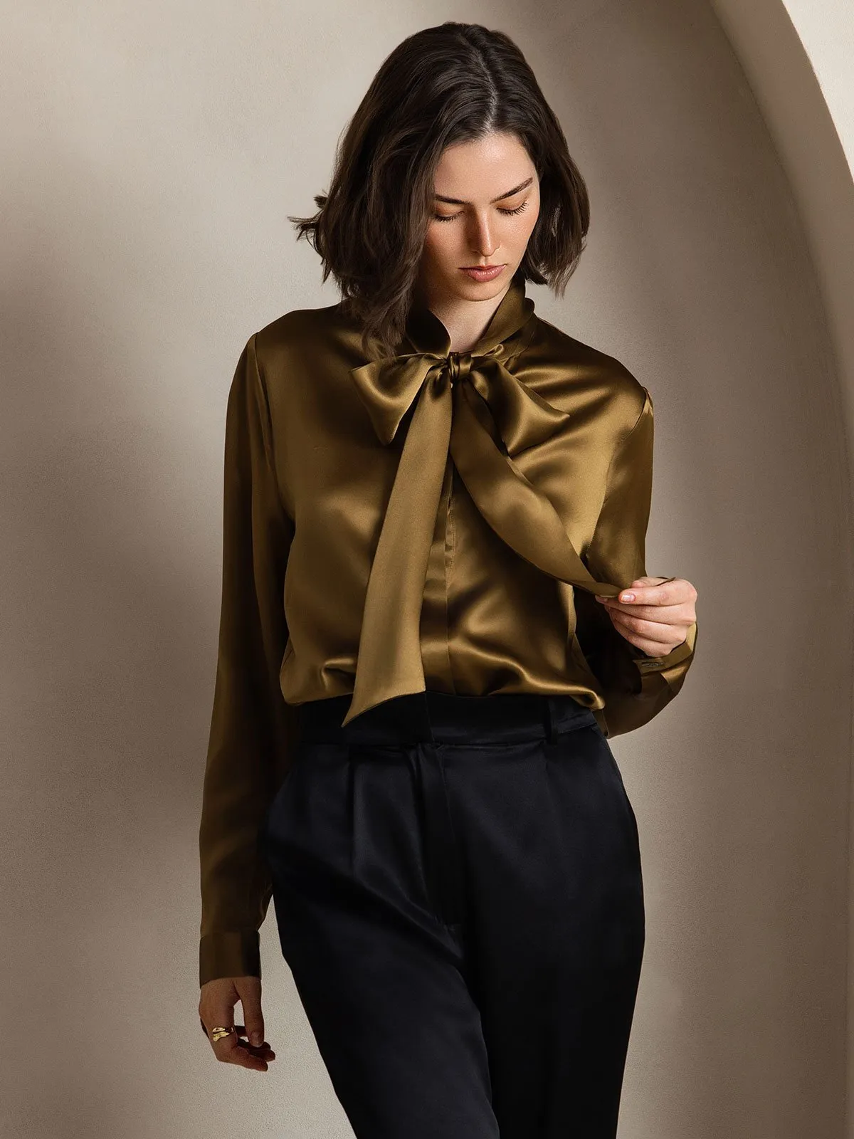 19Momme Silk Long Sleeve Tie Neck Blouse sold by SilkSilky product image thumbnail 5