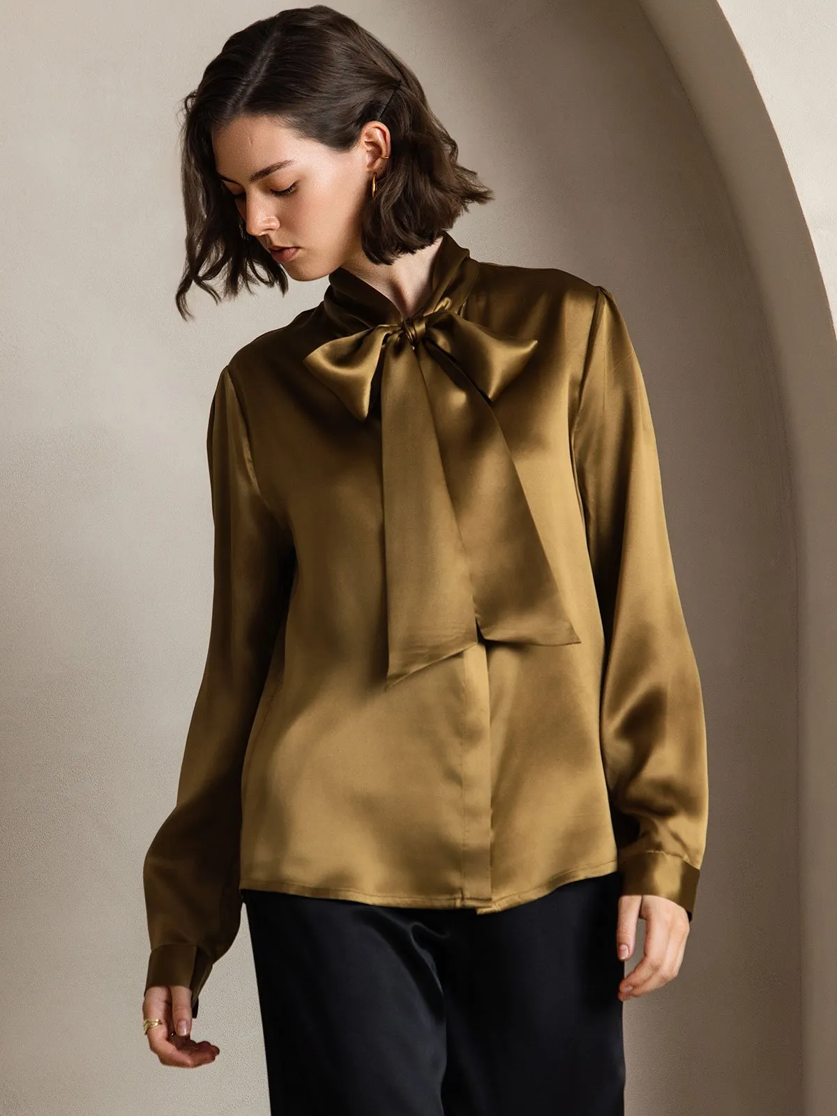 19Momme Silk Long Sleeve Tie Neck Blouse sold by SilkSilky