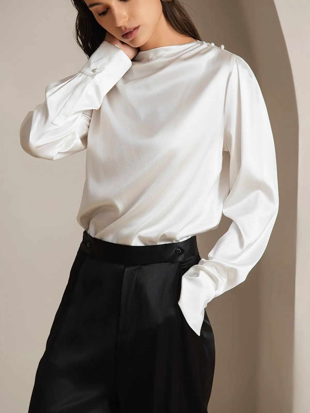 19Momme Silk Long Sleeve Boat Neck Blouse sold by SilkSilky product image thumbnail 3