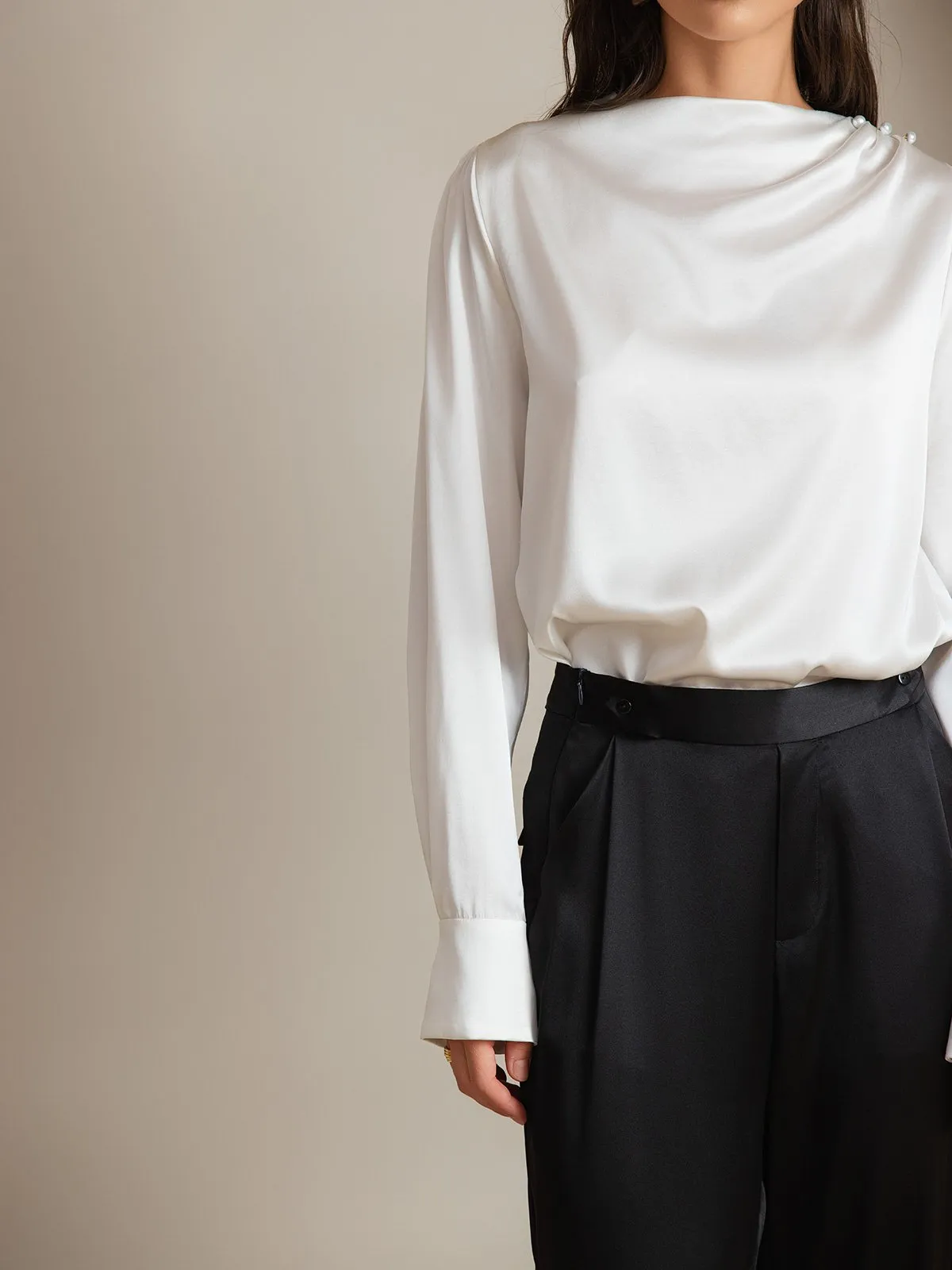 19Momme Silk Long Sleeve Boat Neck Blouse sold by SilkSilky