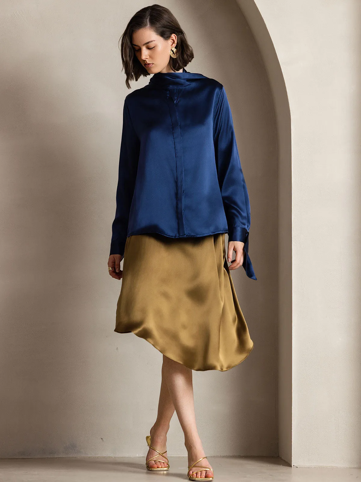 19Momme Silk Long Sleeve High Neck Bow Tie Blouse sold by SilkSilky product image thumbnail 3