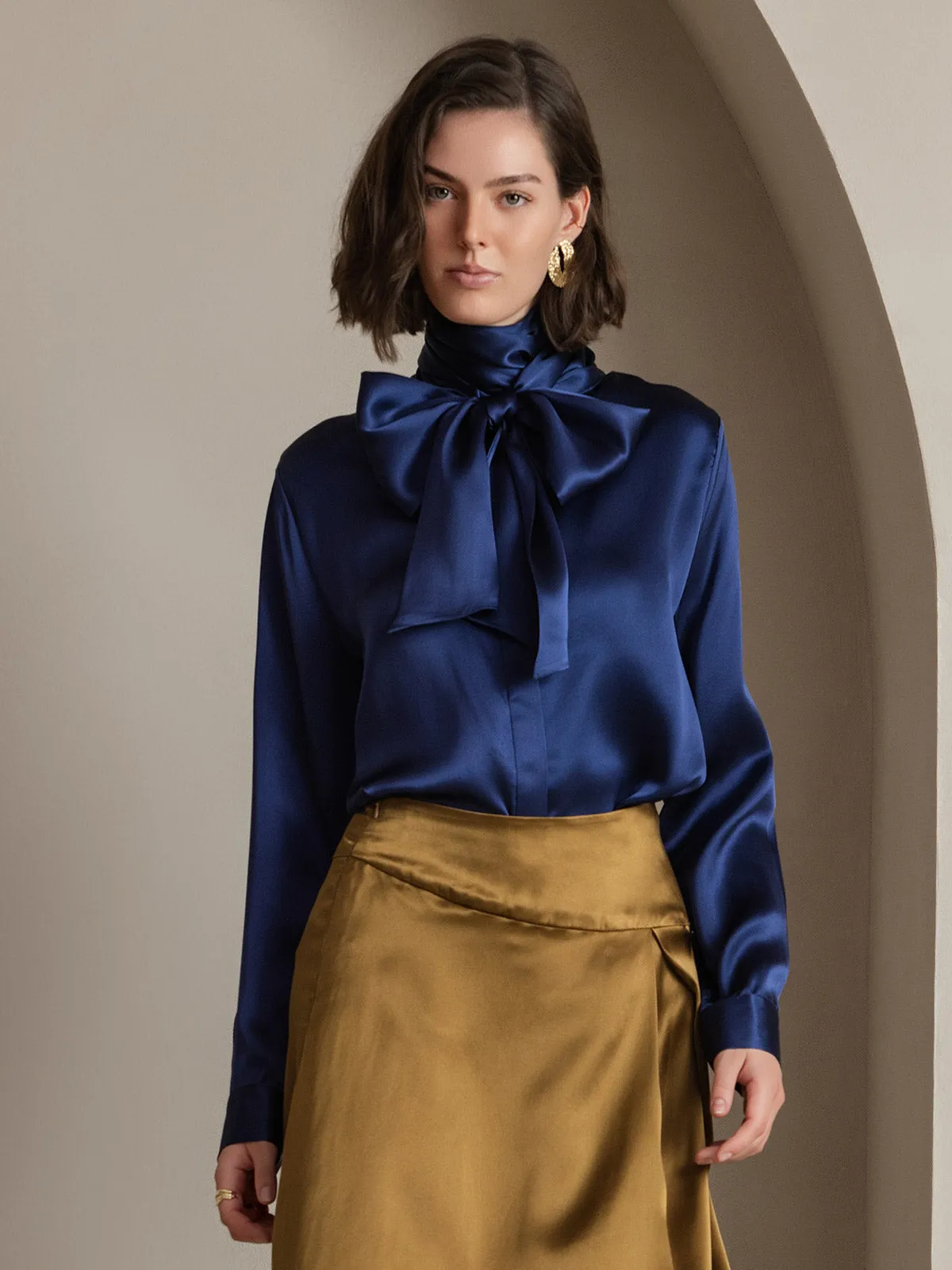 19Momme Silk Long Sleeve High Neck Bow Tie Blouse sold by SilkSilky