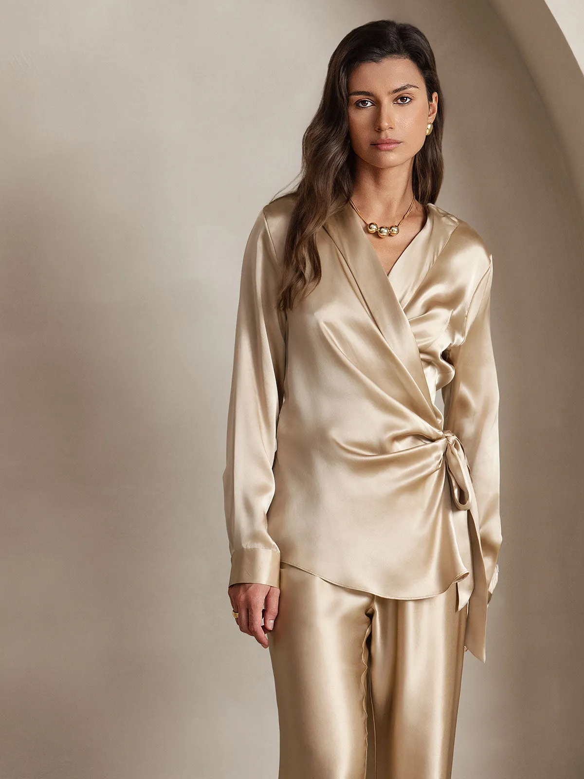 19 Momme Silk Long Sleeve Lace Up Wrap Blouse sold by SilkSilky