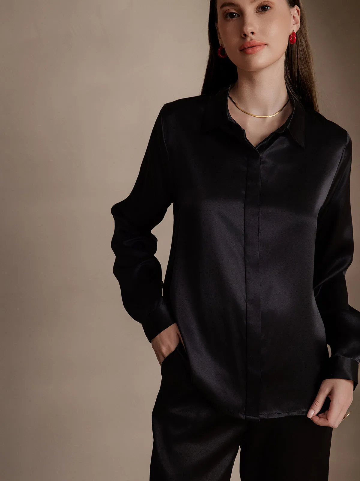 19Momme Silk Long Sleeve Lapel Collar Women's Shirt sold by SilkSilky