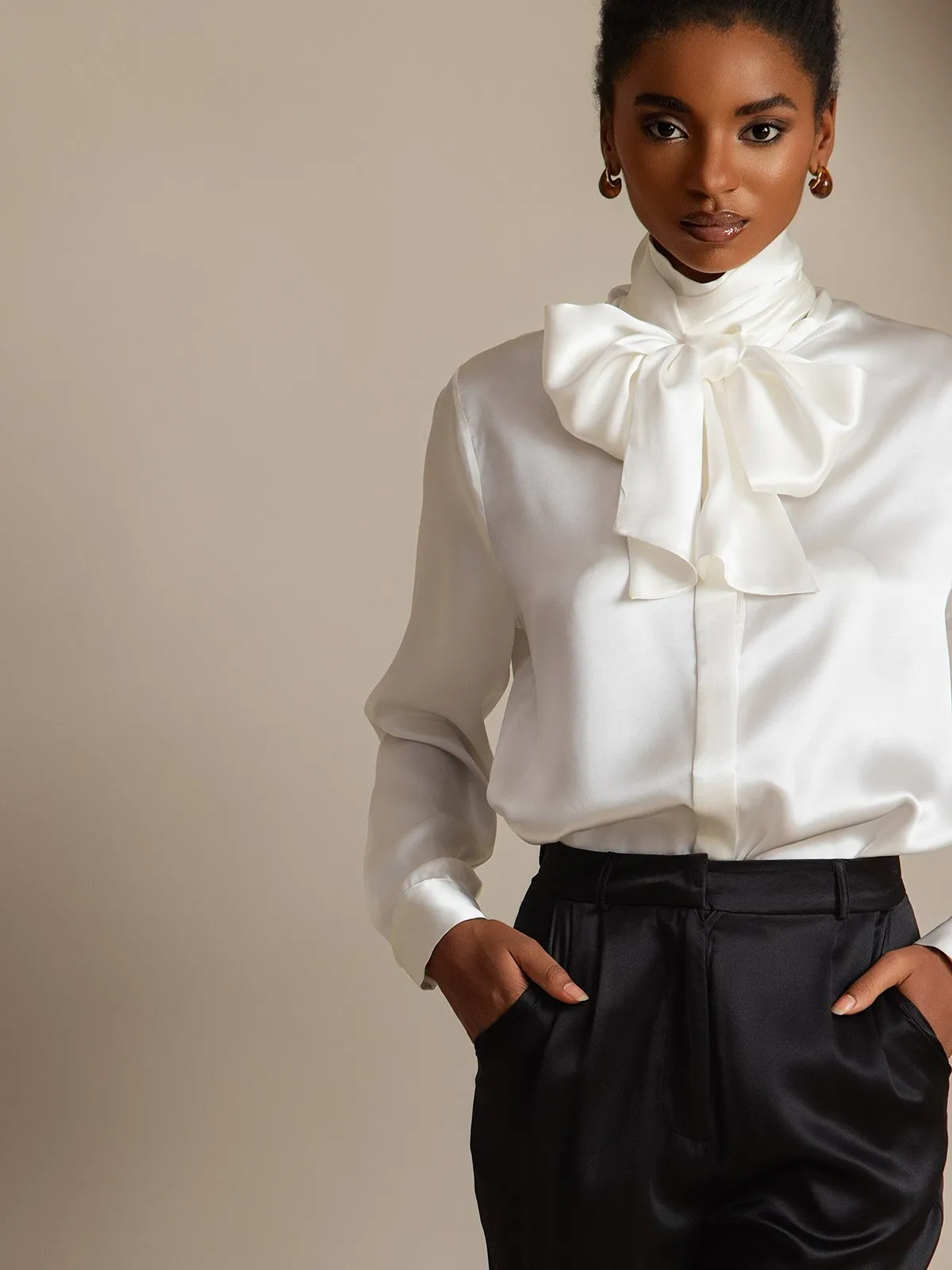 19Momme Silk Long Sleeve High Neck Bow Tie Blouse sold by SilkSilky