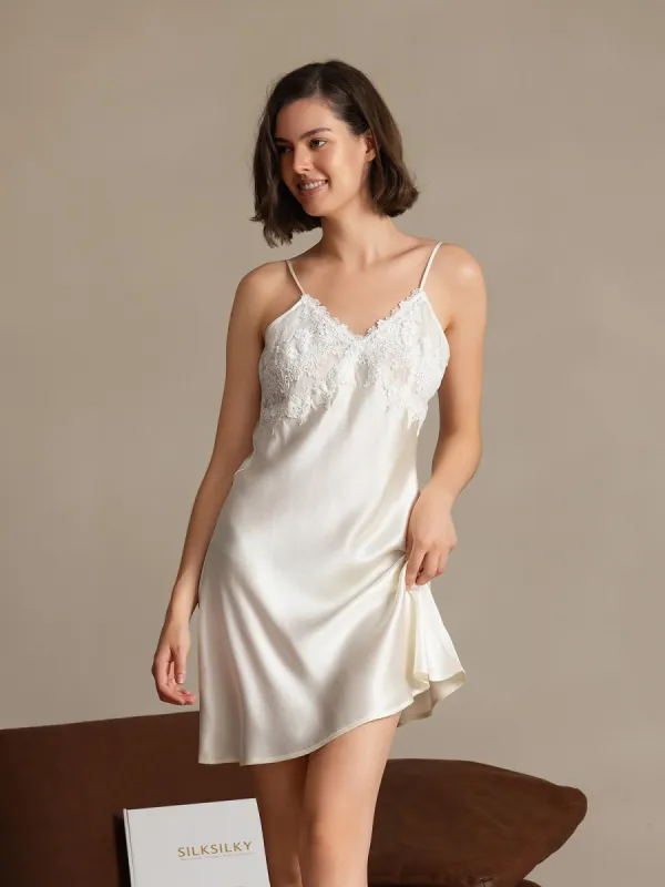 Pure Silk Lace Trim Spaghetti Strap Dress sold by SilkSilky