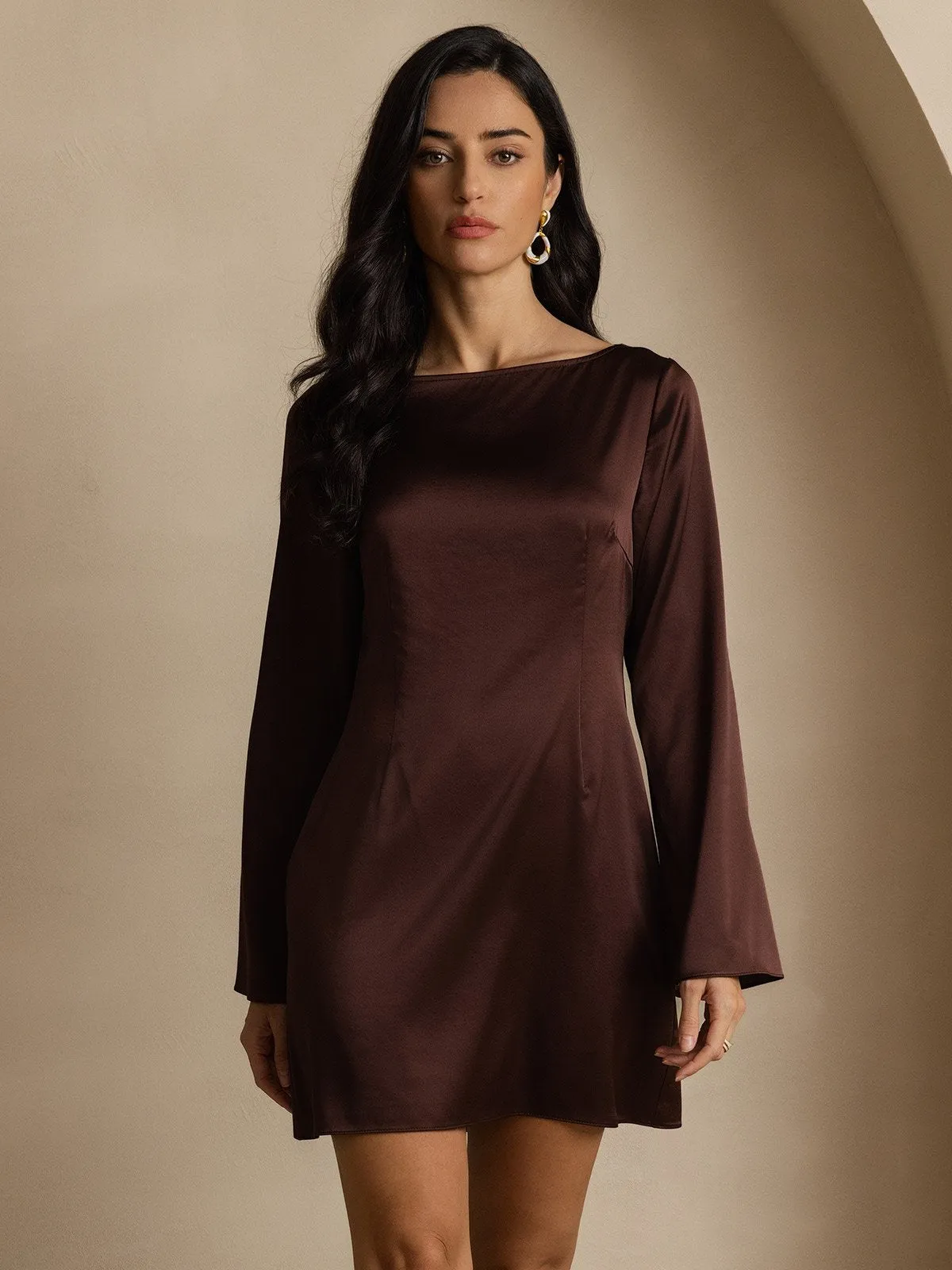 19Momme Silk Long Sleeve Boat Neck Short Dress sold by SilkSilky product image thumbnail 5