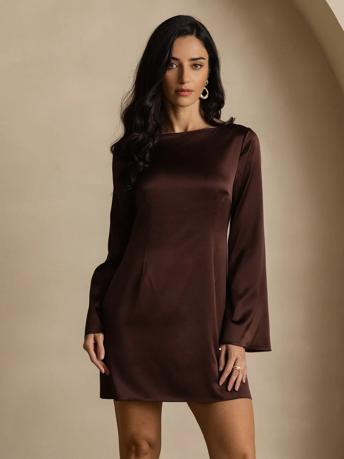 19Momme Silk Long Sleeve Boat Neck Short Dress sold by SilkSilky product image thumbnail 3