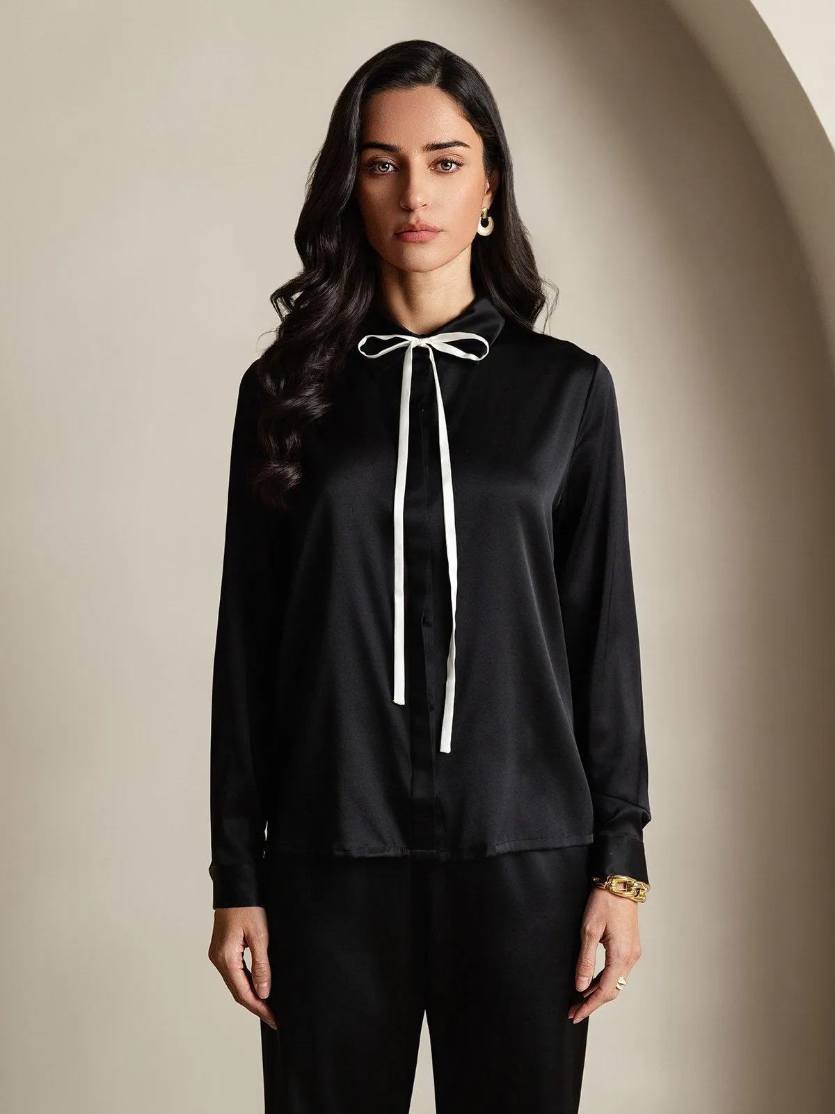 19Momme Silk Long Sleeve Lapel Collar Women's Shirt with Tie Front Design sold by SilkSilky