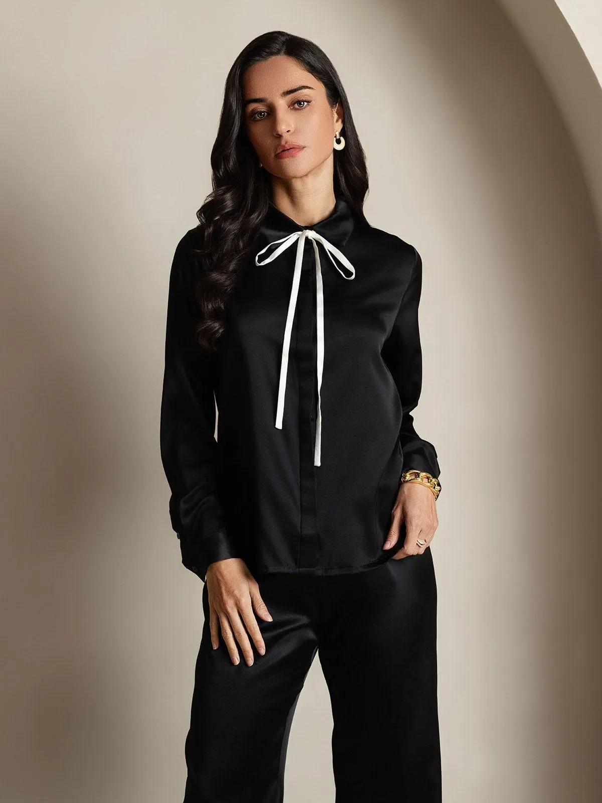 19Momme Silk Long Sleeve Lapel Collar Women's Shirt with Tie Front Design sold by SilkSilky product image thumbnail 3