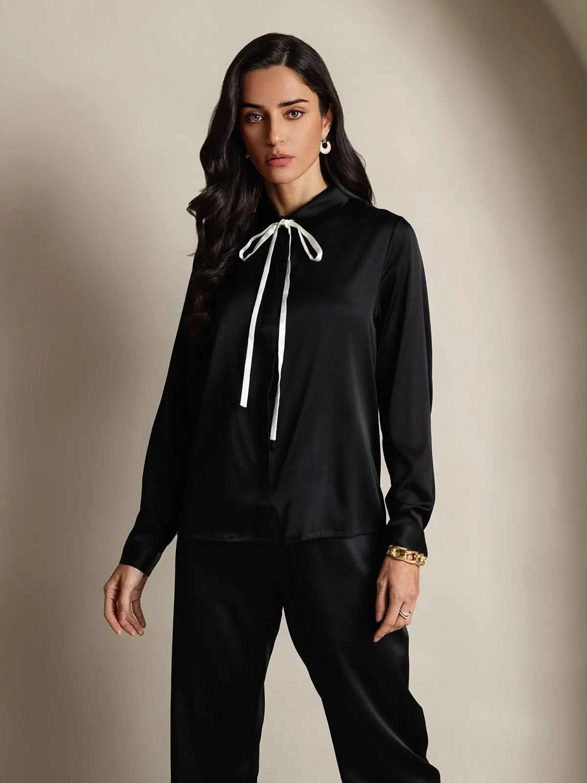 19Momme Silk Long Sleeve Lapel Collar Women's Shirt with Tie Front Design sold by SilkSilky product image thumbnail 4