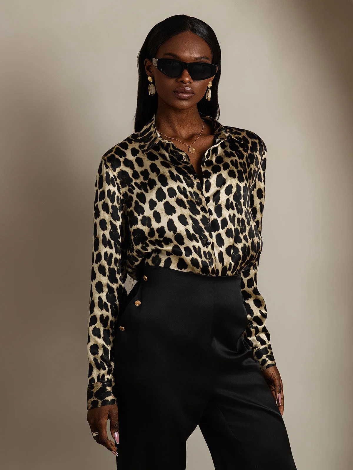 19Momme Silk Leopard Print Long Sleeve Lapel Collar Women's Shirt sold by SilkSilky product image thumbnail 4