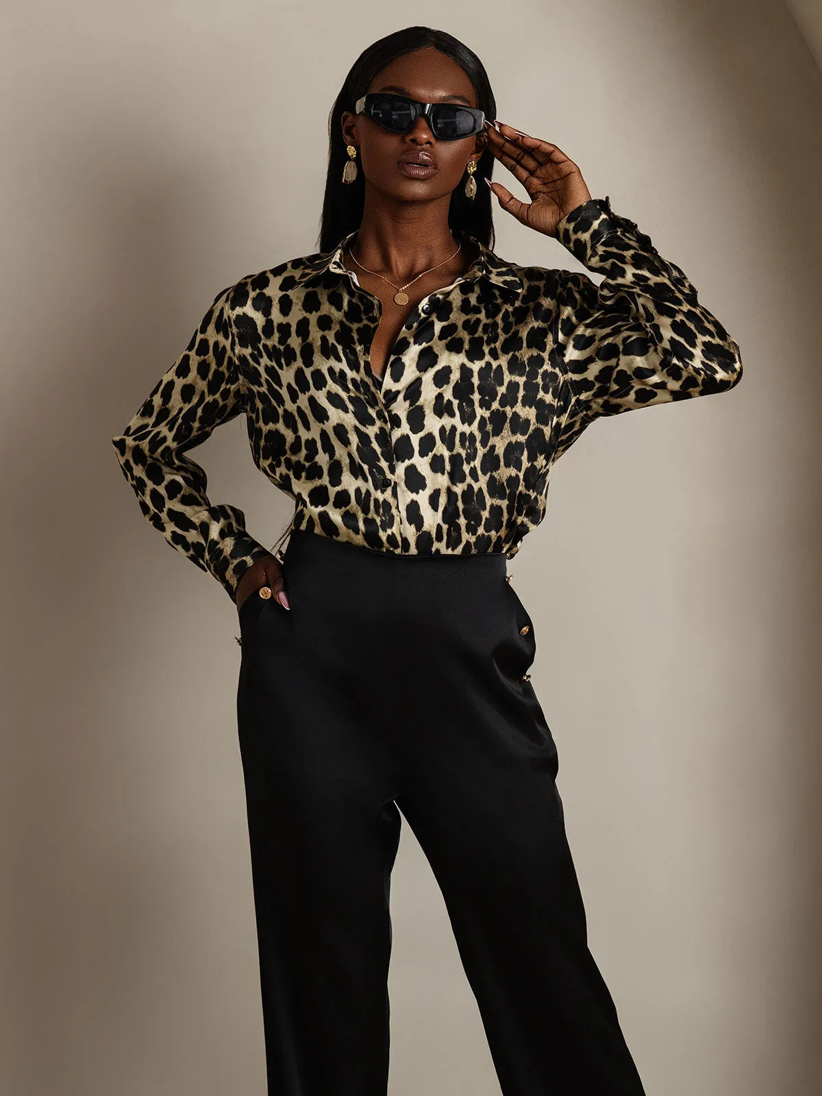 19Momme Silk Leopard Print Long Sleeve Lapel Collar Women's Shirt sold by SilkSilky product image thumbnail 5