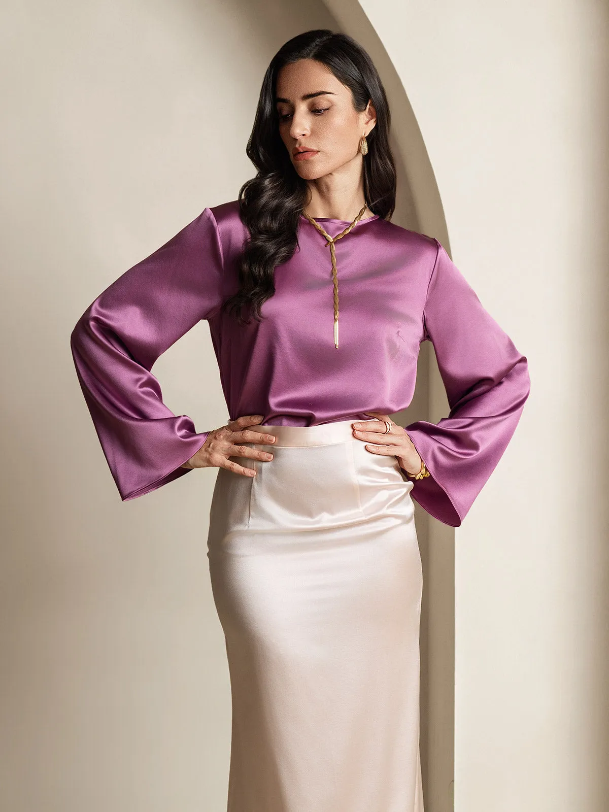 19Momme Women's Silk Polka Dot Print Bell Sleeve Boat Neck Top sold by SilkSilky product image thumbnail 4