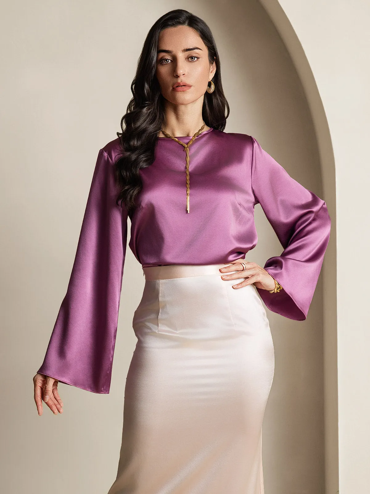 19Momme Women's Silk Polka Dot Print Bell Sleeve Boat Neck Top sold by SilkSilky