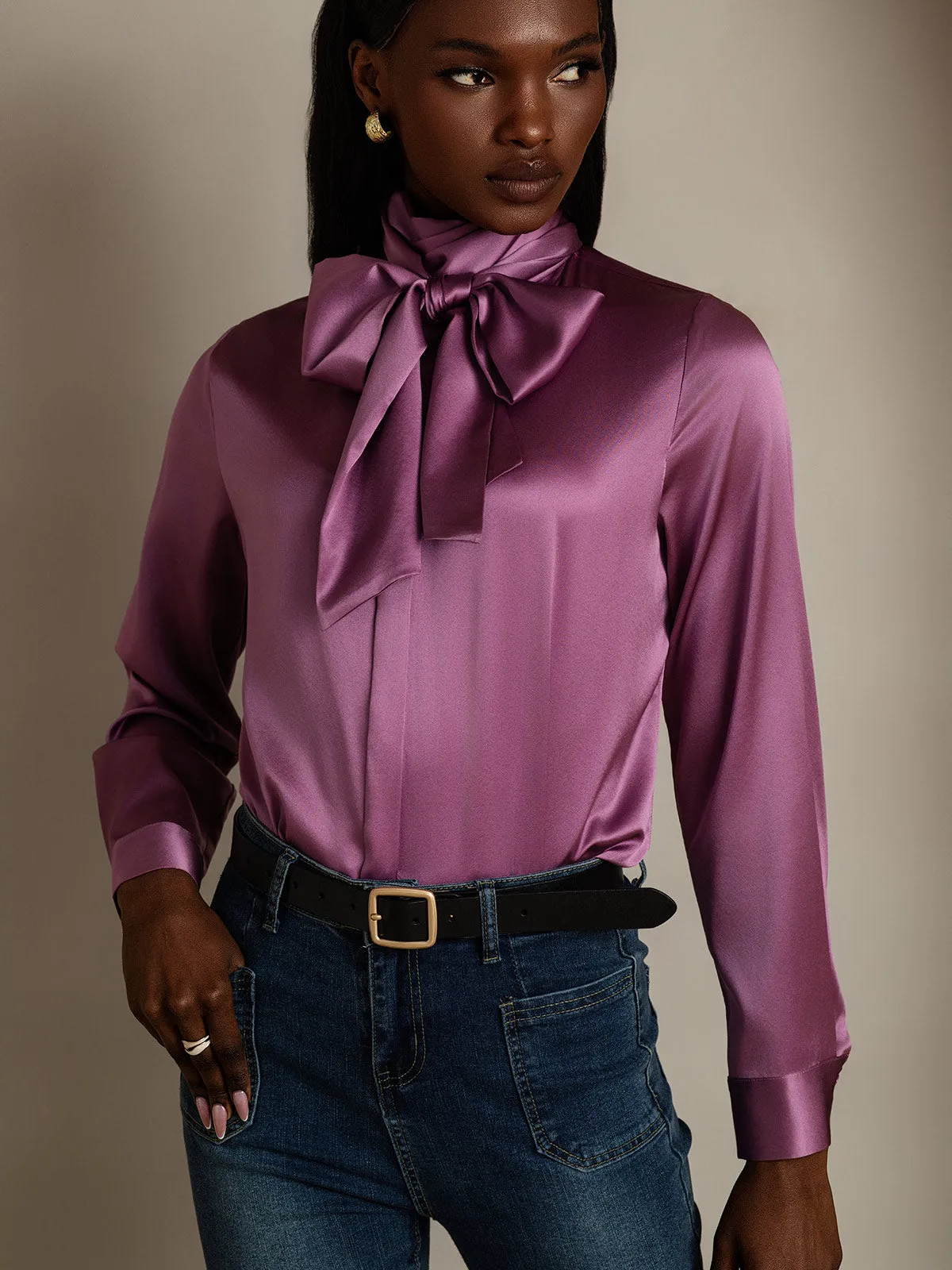 19Momme Silk Long Sleeve High Neck Bow Tie Blouse sold by SilkSilky product image thumbnail 3