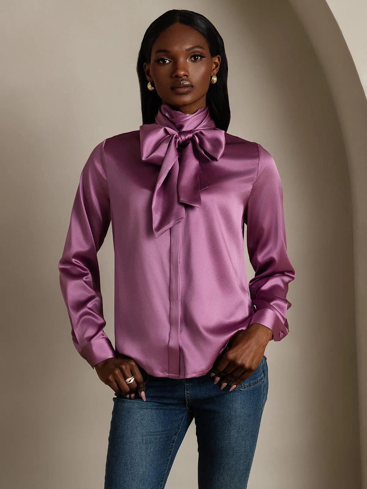 19Momme Silk Long Sleeve High Neck Bow Tie Blouse sold by SilkSilky