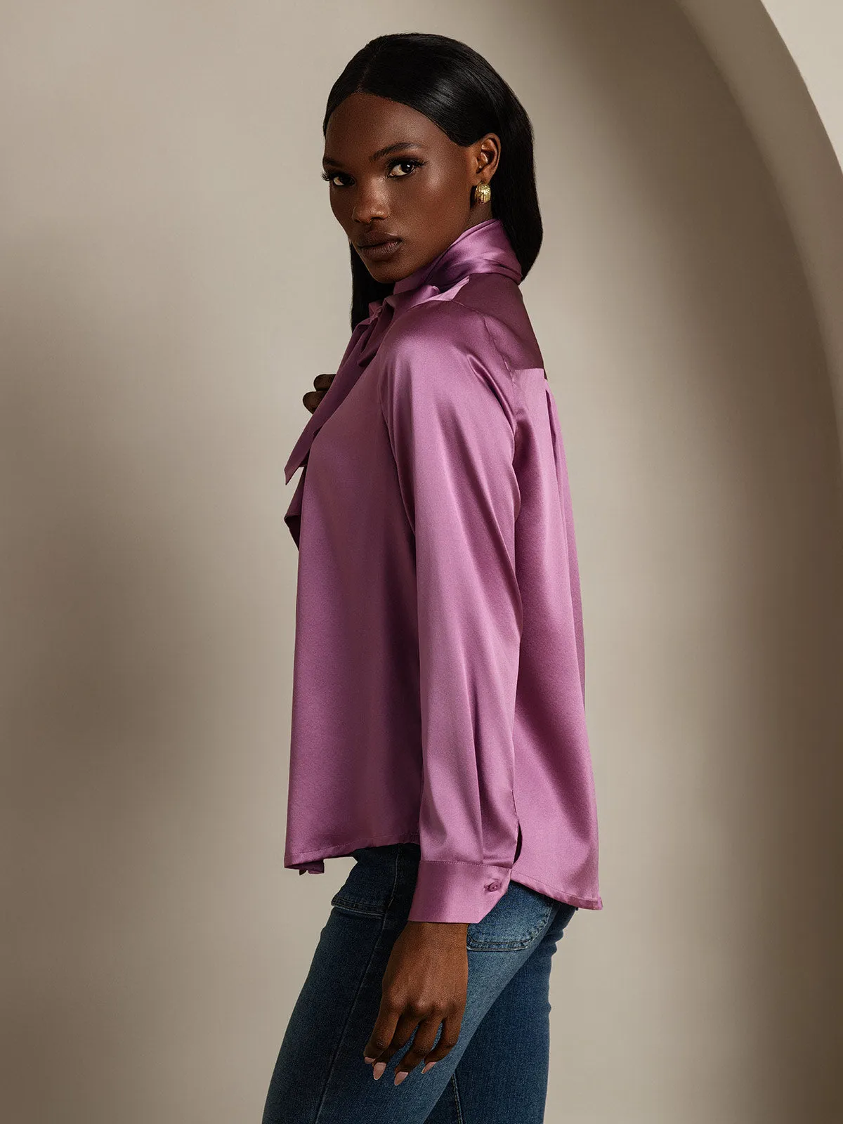 19Momme Silk Long Sleeve High Neck Bow Tie Blouse sold by SilkSilky product image thumbnail 4