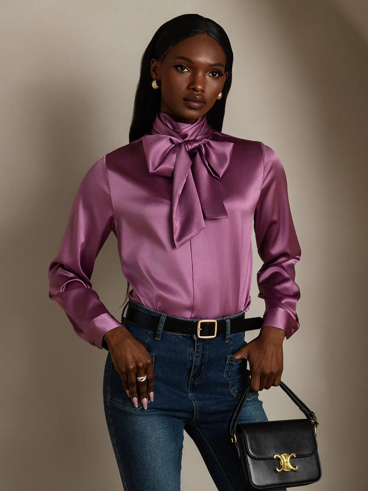 19Momme Silk Long Sleeve High Neck Bow Tie Blouse sold by SilkSilky product image thumbnail 5