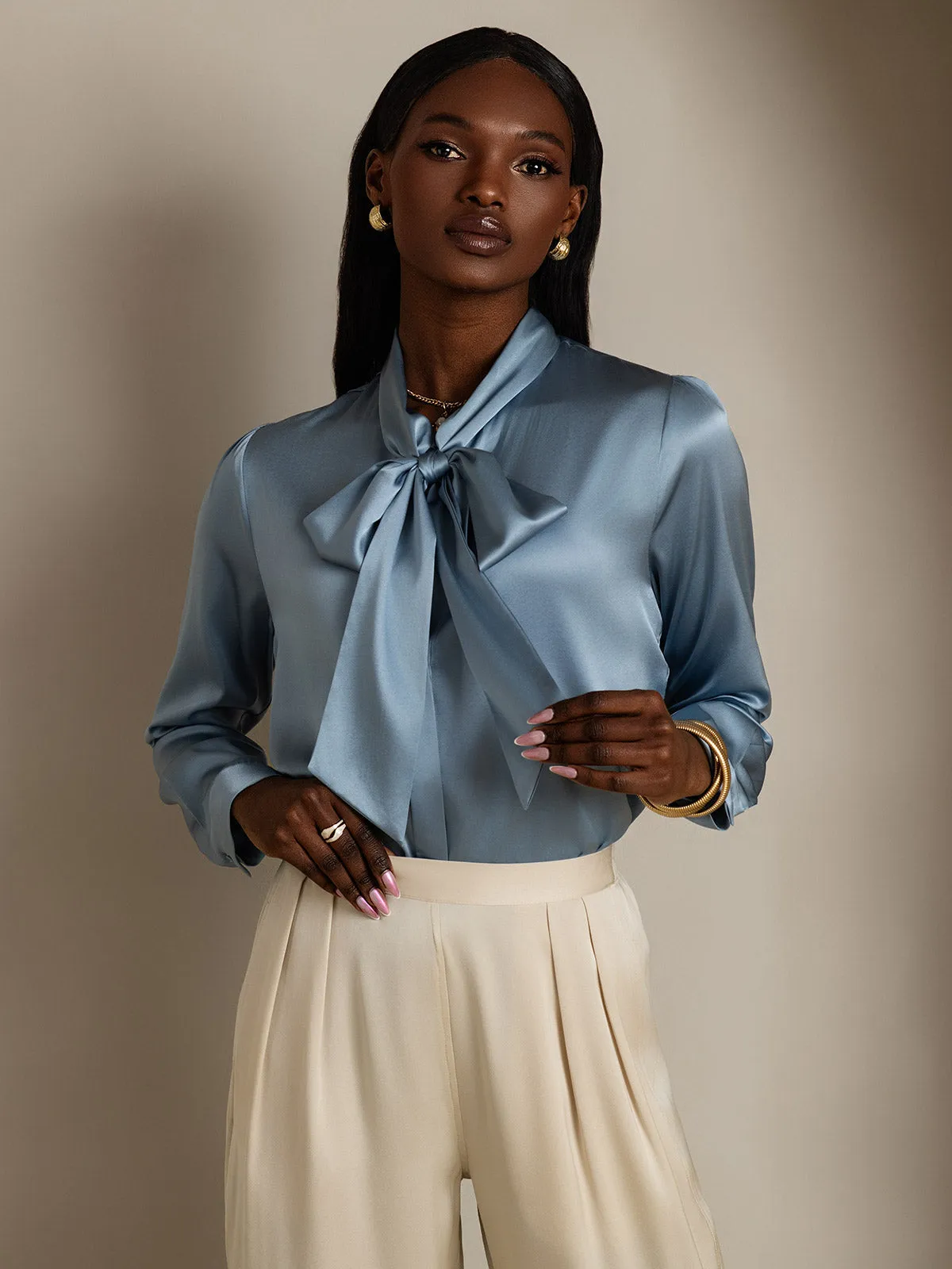 19Momme Silk Long Sleeve Tie Neck Elegant Blouse sold by SilkSilky product image thumbnail 4