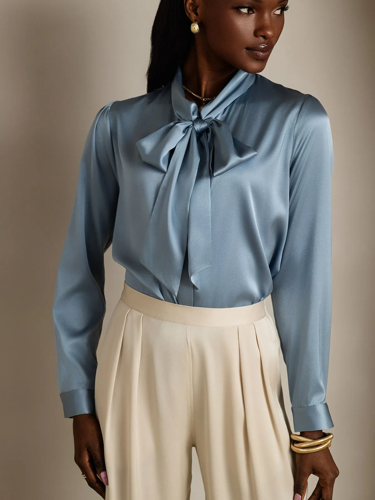19Momme Silk Long Sleeve Tie Neck Elegant Blouse sold by SilkSilky product image thumbnail 3