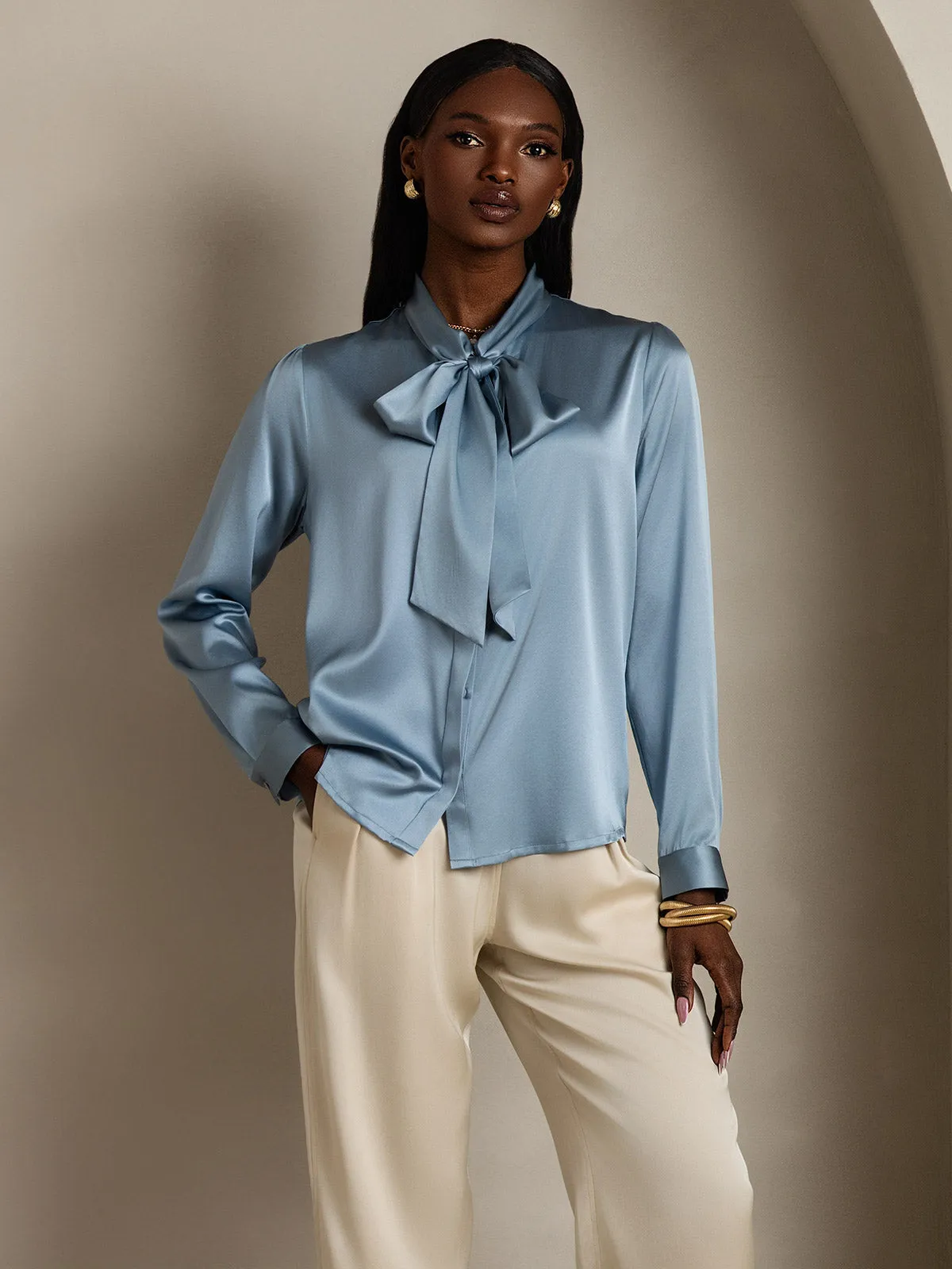 19Momme Silk Long Sleeve Tie Neck Elegant Blouse sold by SilkSilky product image thumbnail 5