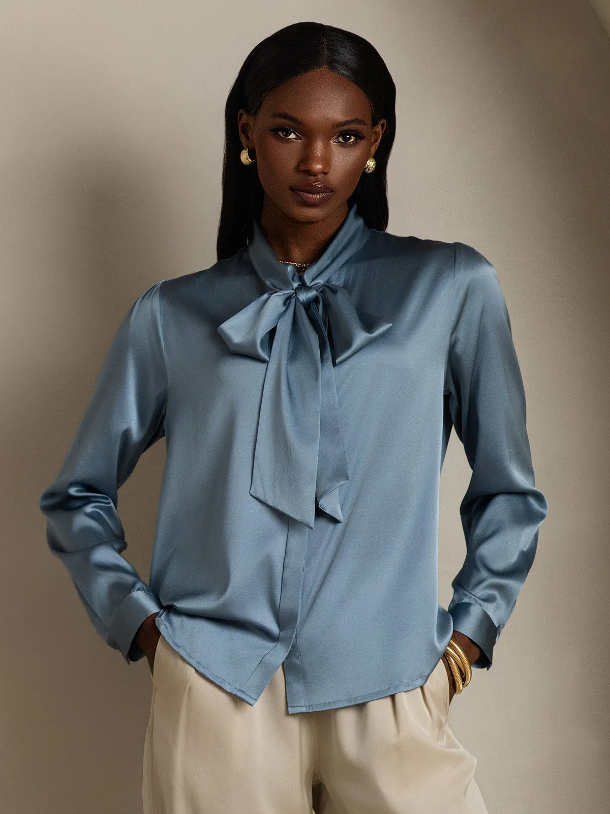 19Momme Silk Long Sleeve Tie Neck Elegant Blouse sold by SilkSilky
