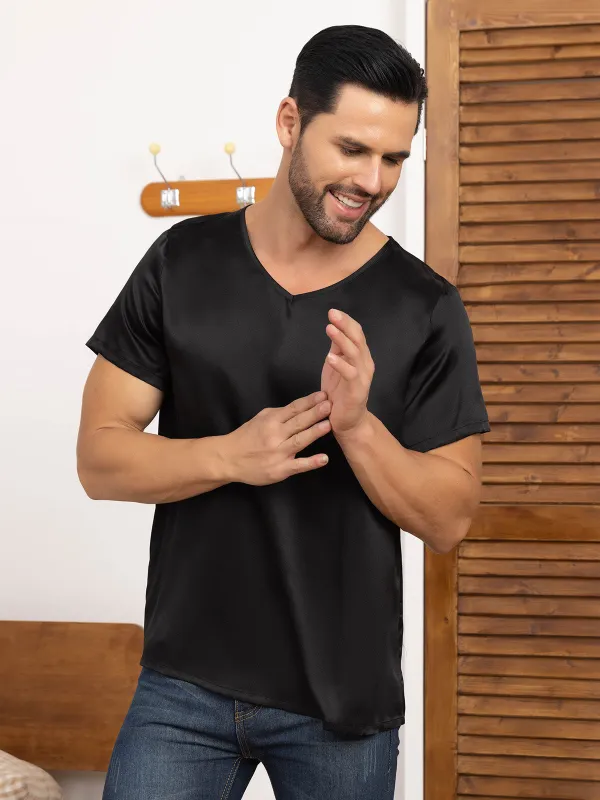Clearance(US Warehouse) -Pure Silk Short Sleeve V-Neck Men's Tee sold by SilkSilky