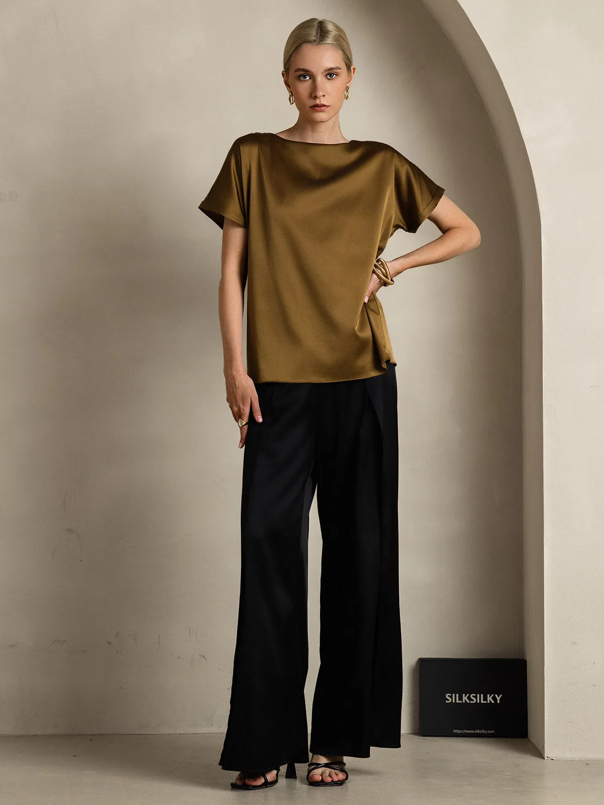 19Momme Women's Silk Short Sleeve Boat Neck T-Shirt sold by SilkSilky