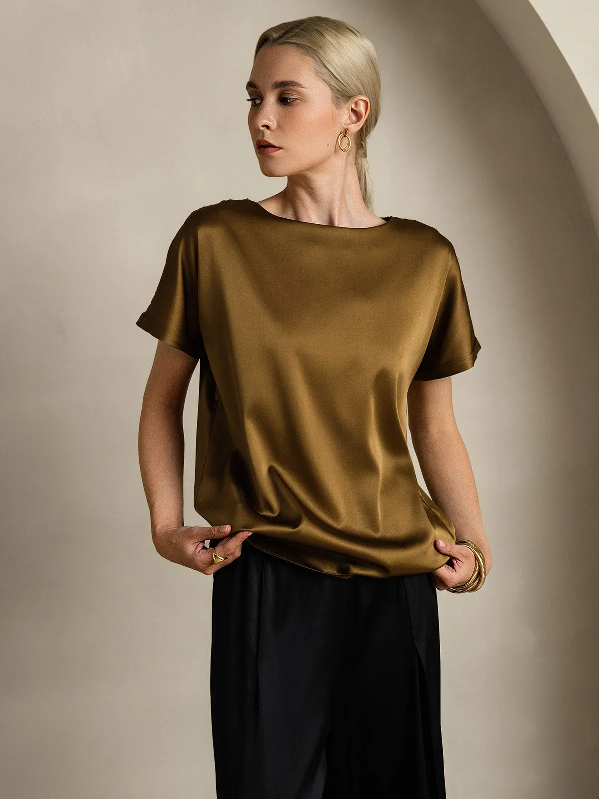 19Momme Women's Silk Short Sleeve Boat Neck T-Shirt sold by SilkSilky product image thumbnail 4