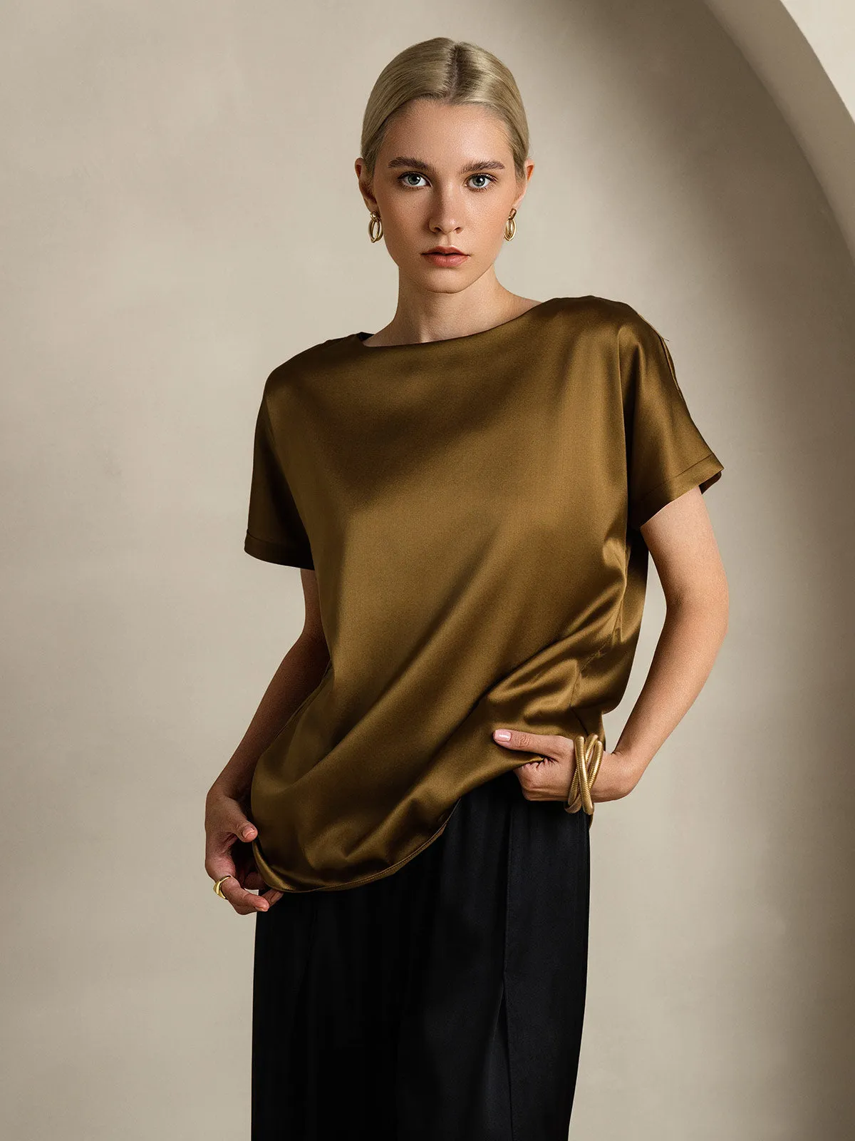 19Momme Women's Silk Short Sleeve Boat Neck T-Shirt sold by SilkSilky product image thumbnail 3