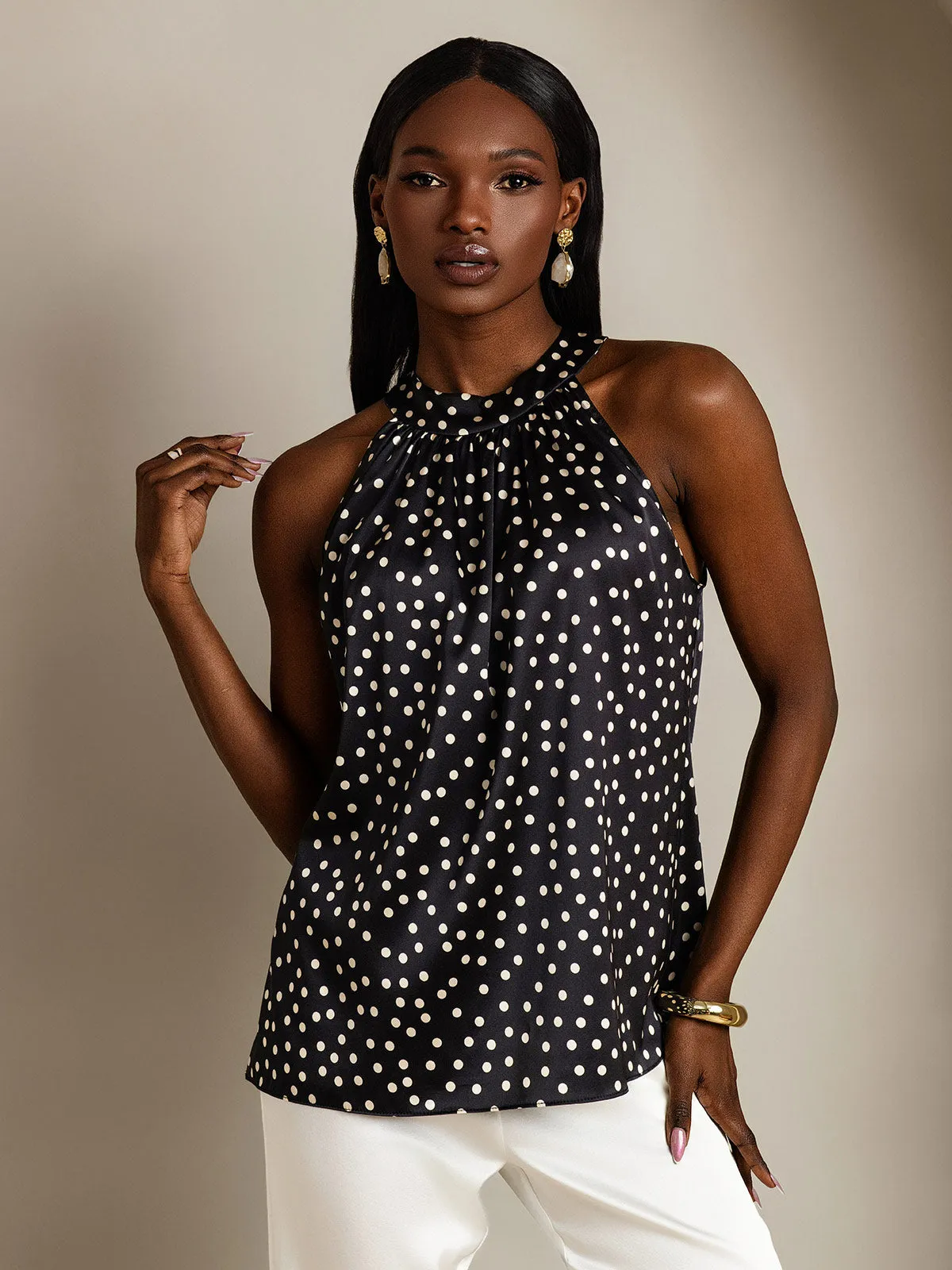 19Momme Women's Silk Polka Dot Print Sleeveless Halter Neck Top sold by SilkSilky