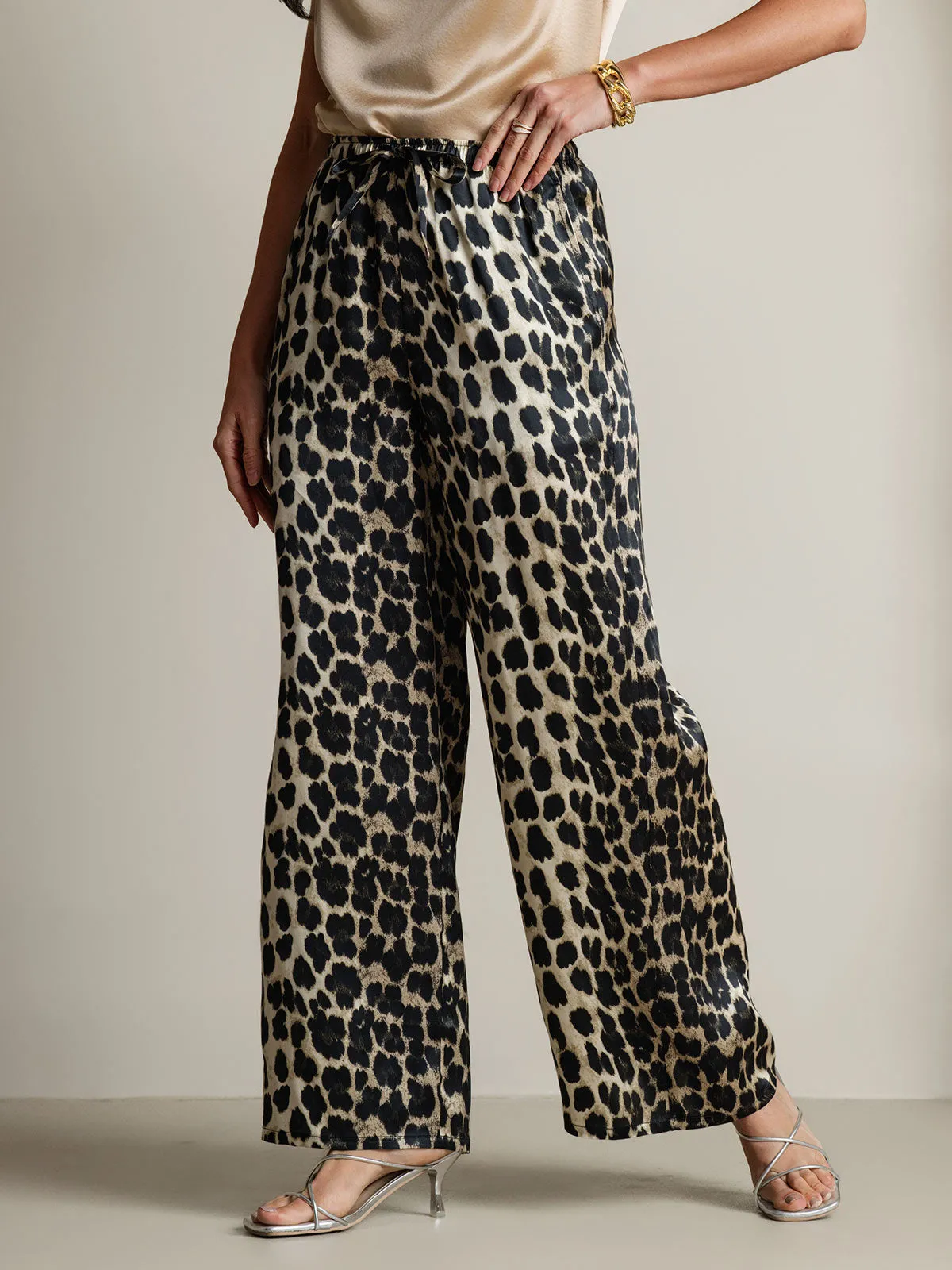Women's Pure Silk Leopard Print Wide Leg Pants sold by SilkSilky product image thumbnail 5