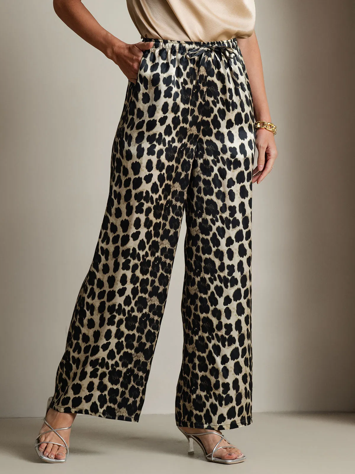 Women's Pure Silk Leopard Print Wide Leg Pants sold by SilkSilky product image thumbnail 3