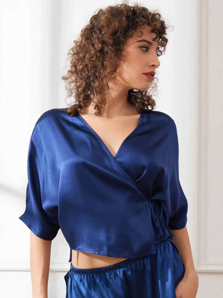 Clearance(US Warehouse) -Pure Silk Lace Up Wrap Half Sleeve Women's Shirt sold by SilkSilky