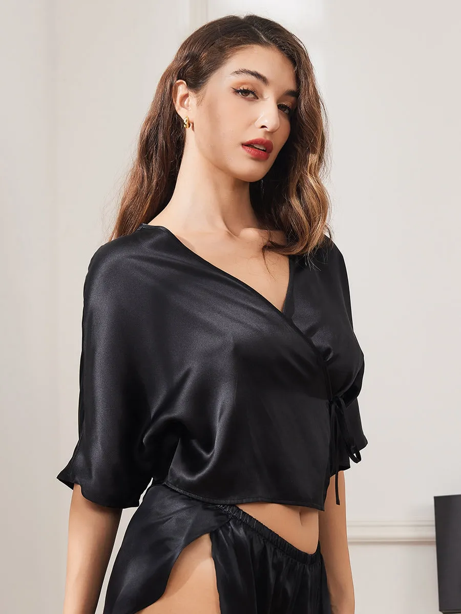 Clearance(US Warehouse) -Pure Silk Lace Up Wrap Half Sleeve Women's Shirt sold by SilkSilky product image thumbnail 5
