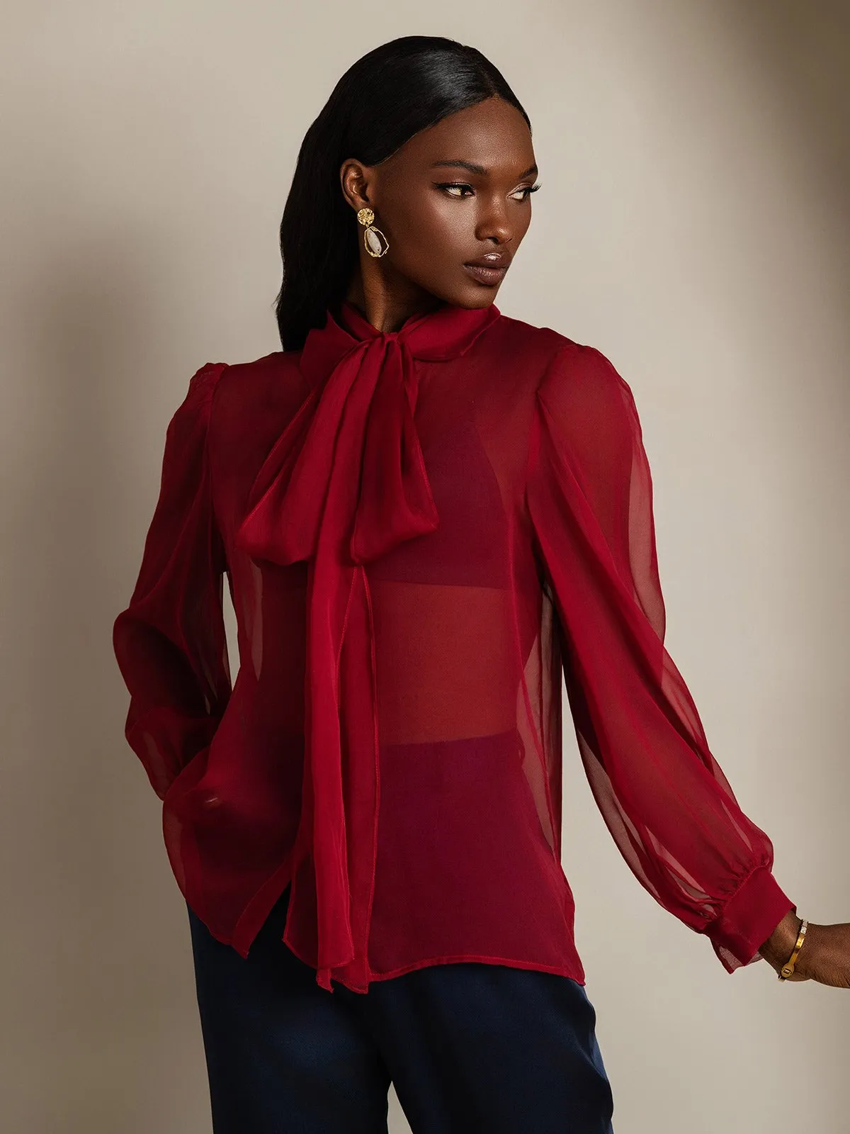 Pure Silk Balloon Sleeve Tie Neck Sheer Blouse sold by SilkSilky product image thumbnail 5