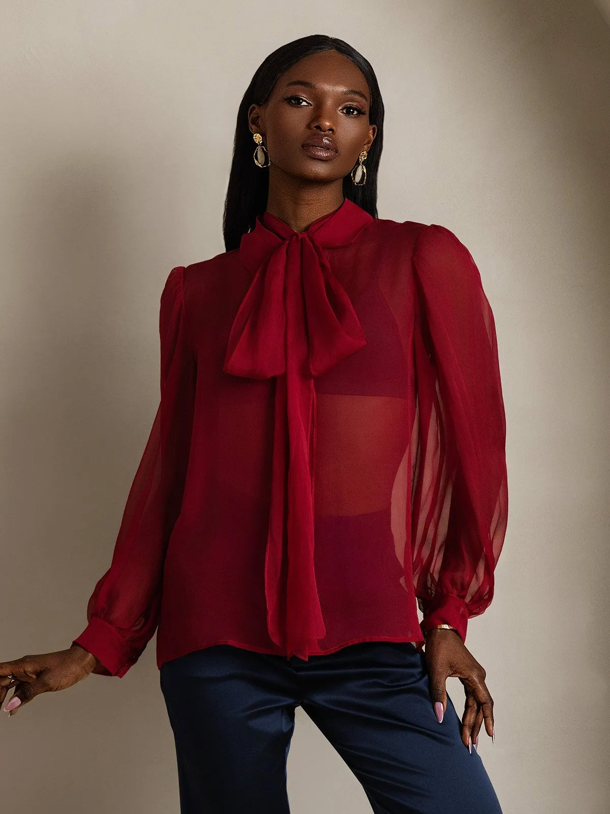 Pure Silk Balloon Sleeve Tie Neck Sheer Blouse sold by SilkSilky product image thumbnail 4