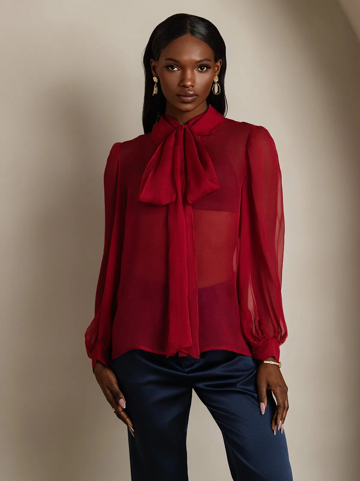 Pure Silk Balloon Sleeve Tie Neck Sheer Blouse sold by SilkSilky product image thumbnail 3