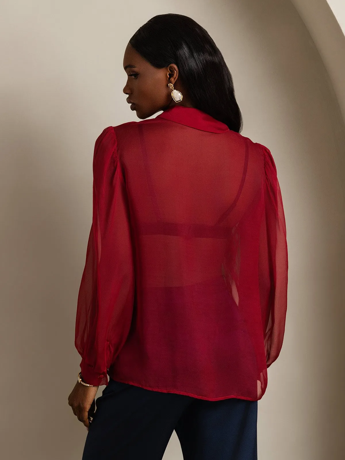 Pure Silk Balloon Sleeve Tie Neck Sheer Blouse sold by SilkSilky product image thumbnail 2