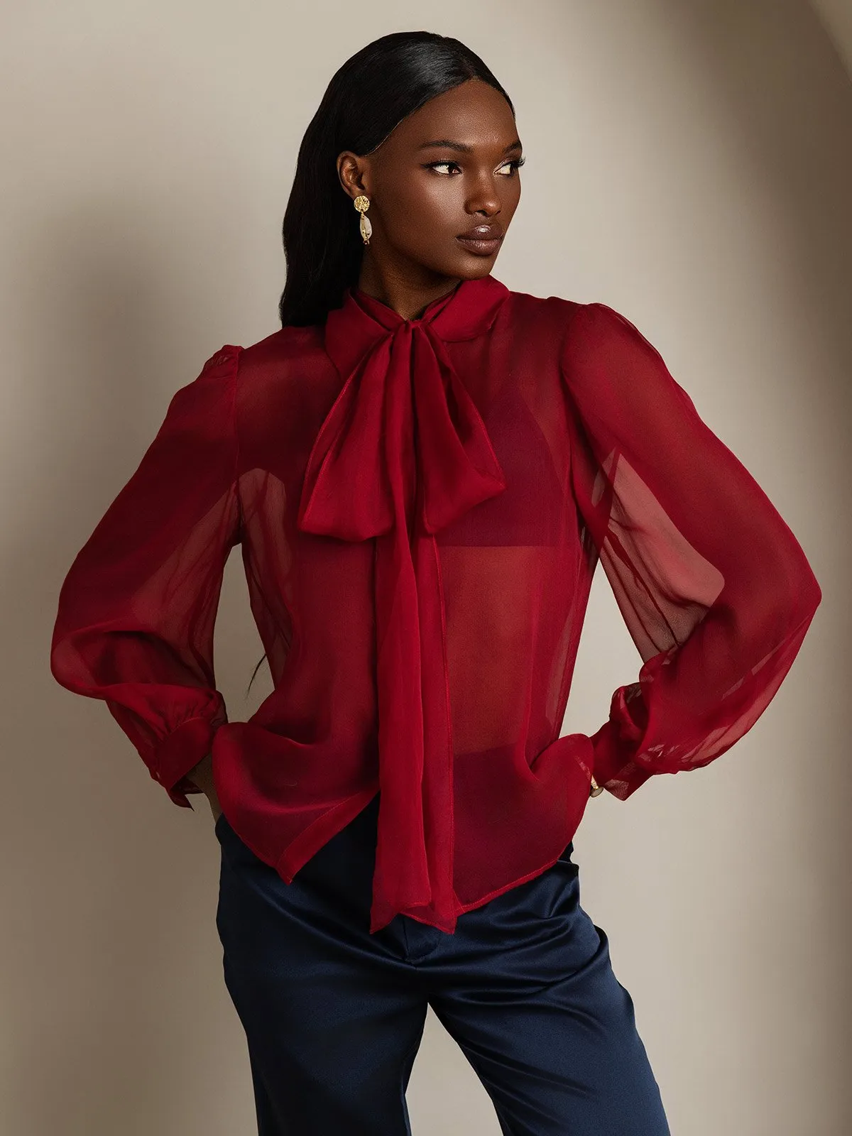 Pure Silk Balloon Sleeve Tie Neck Sheer Blouse sold by SilkSilky