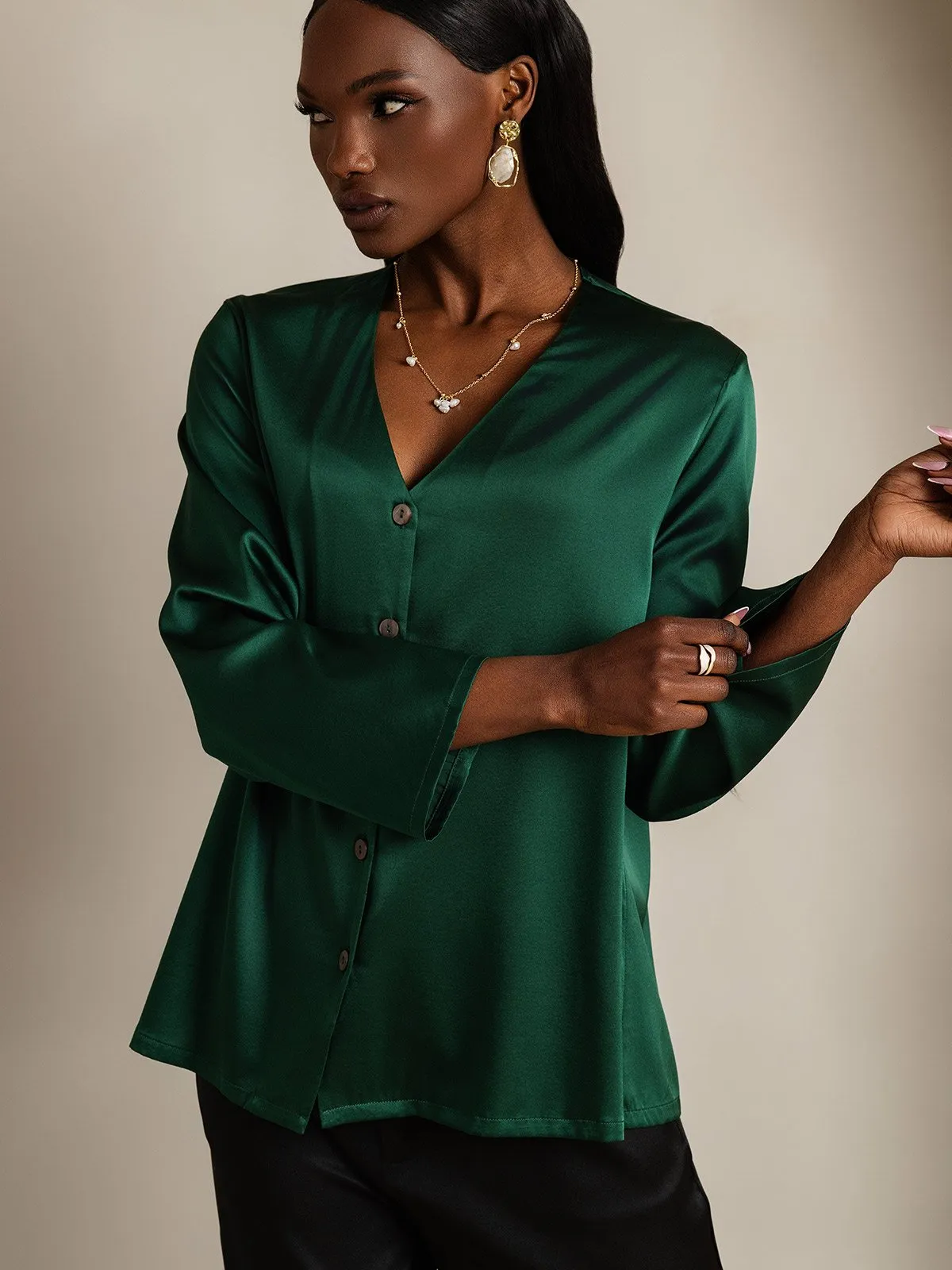 19Momme Silk Long Sleeve V-Neck Blouse sold by SilkSilky product image thumbnail 3