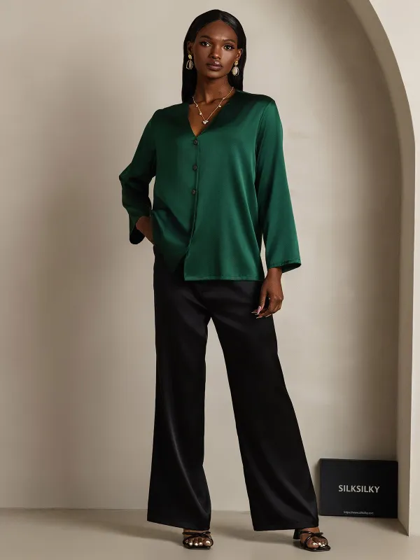 19Momme Silk Long Sleeve V-Neck Blouse sold by SilkSilky