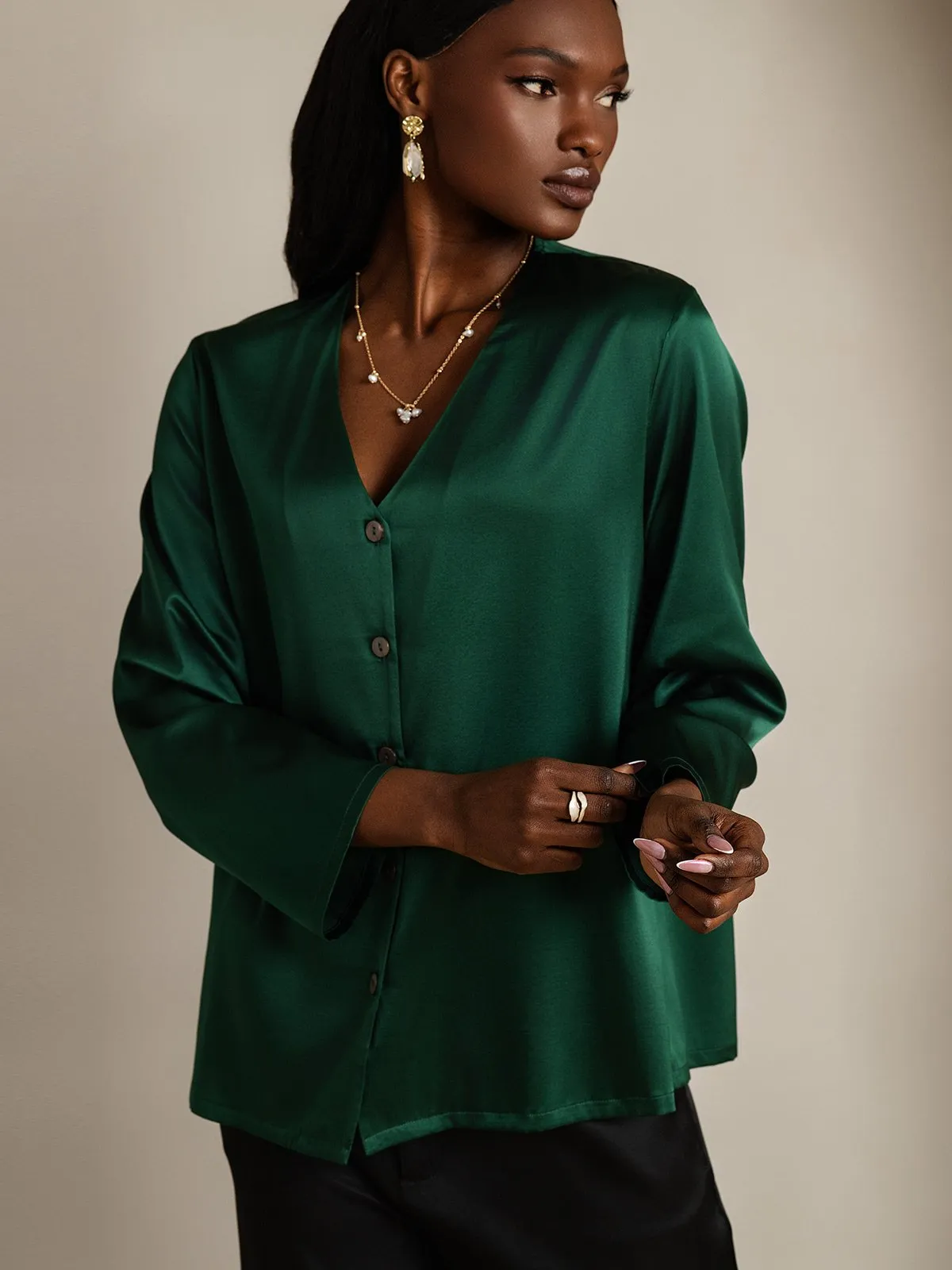 19Momme Silk Long Sleeve V-Neck Blouse sold by SilkSilky product image thumbnail 4