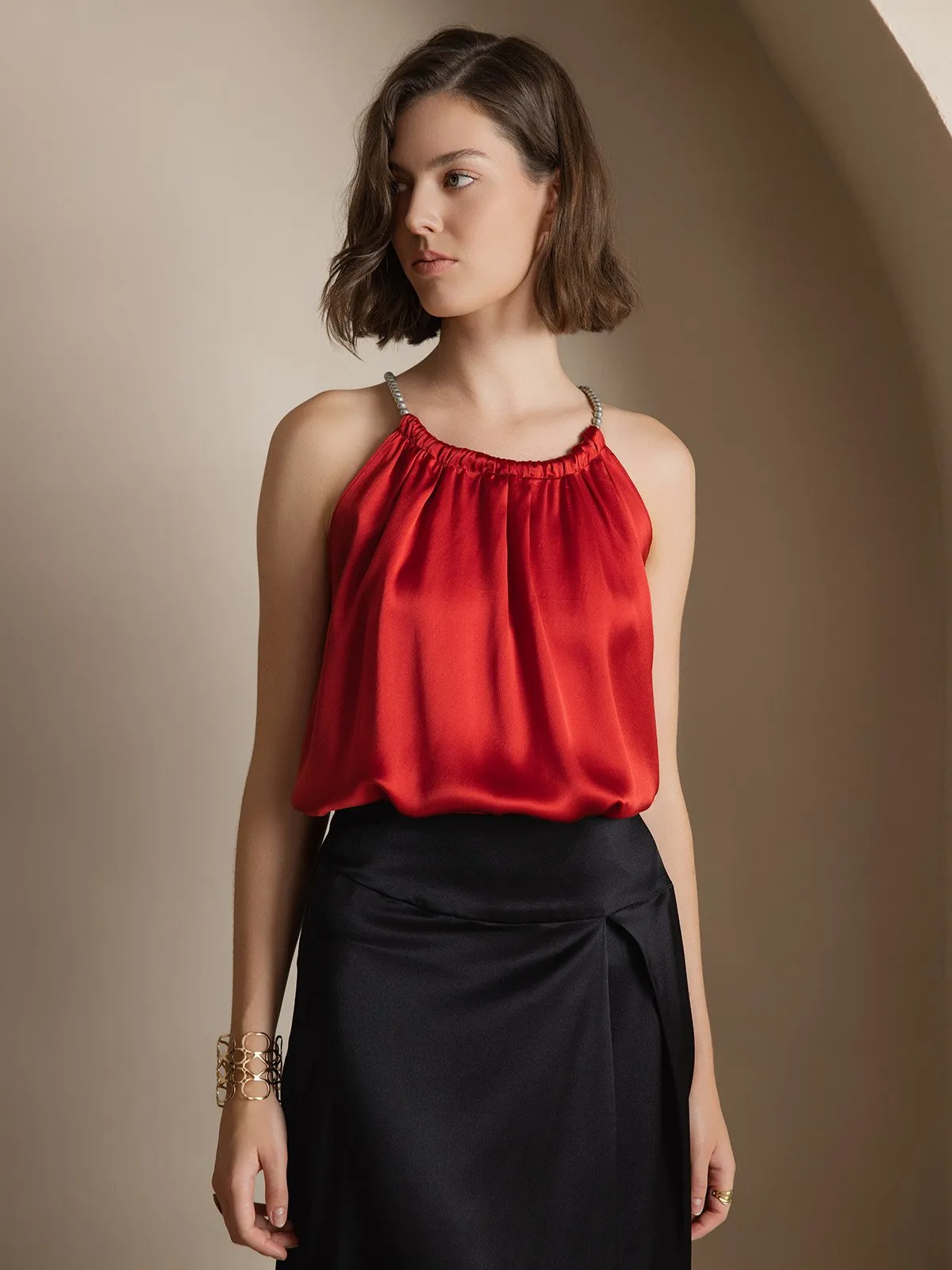 Clearance -19Momme Silk Relaxed Pearl-tie Neck Tank Top sold by SilkSilky product image thumbnail 5