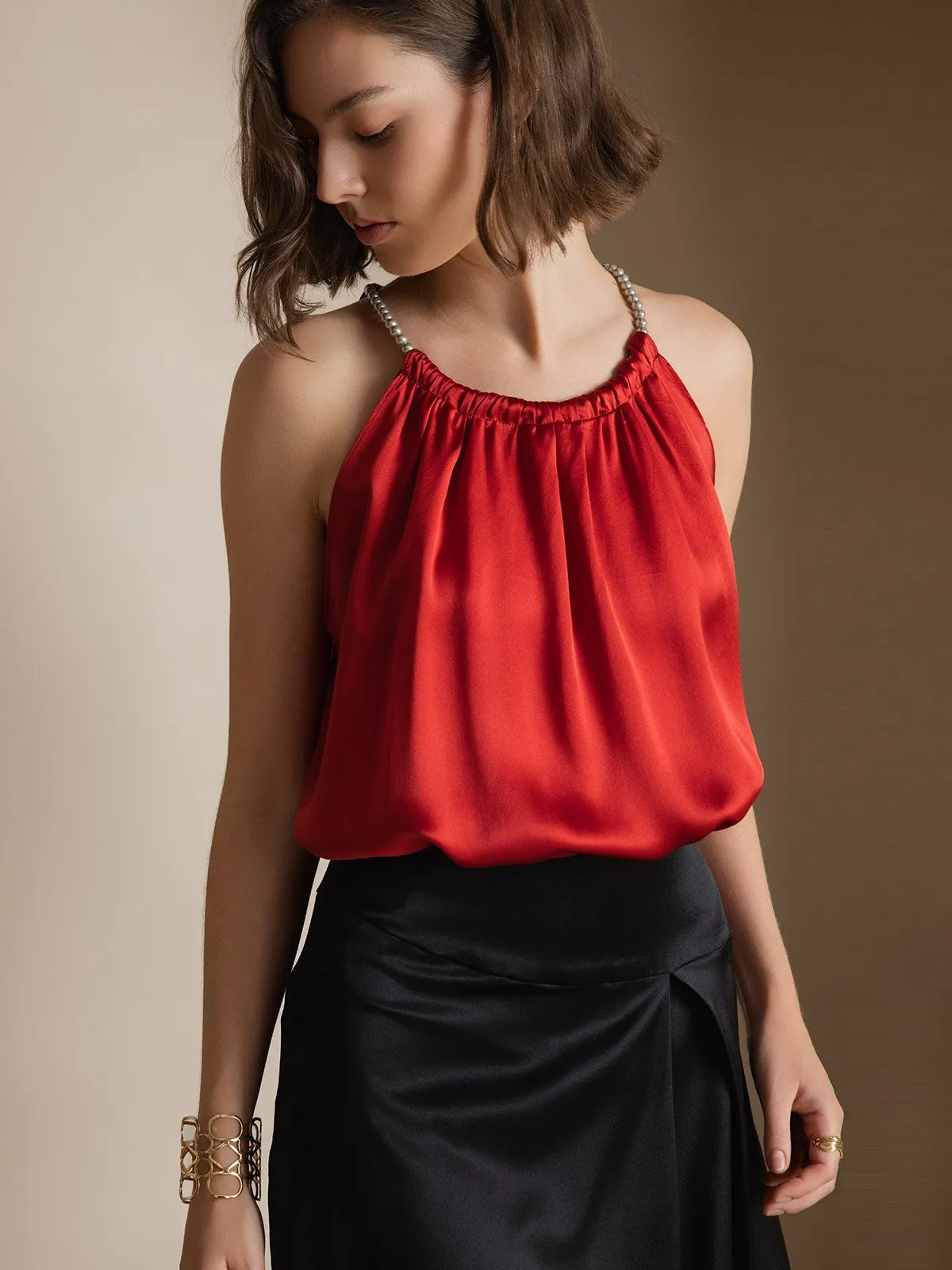 Clearance -19Momme Silk Relaxed Pearl-tie Neck Tank Top sold by SilkSilky product image thumbnail 3