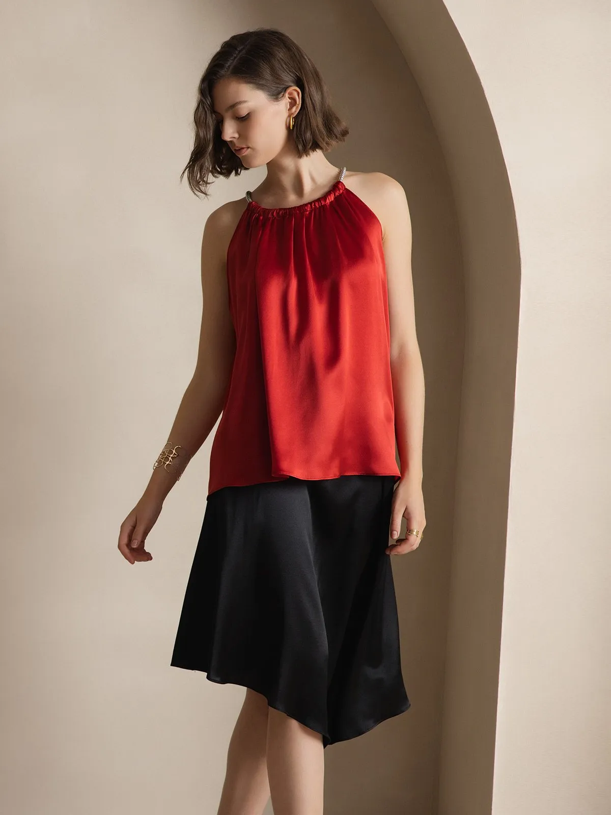 Clearance -19Momme Silk Relaxed Pearl-tie Neck Tank Top sold by SilkSilky