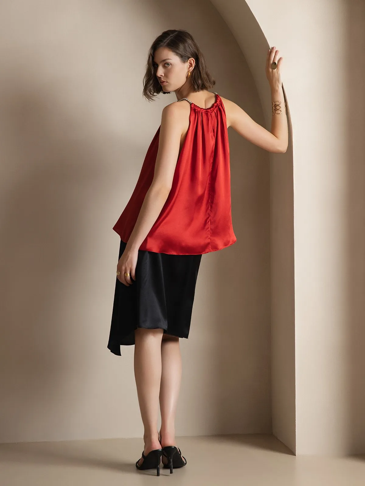 Clearance -19Momme Silk Relaxed Pearl-tie Neck Tank Top sold by SilkSilky product image thumbnail 2