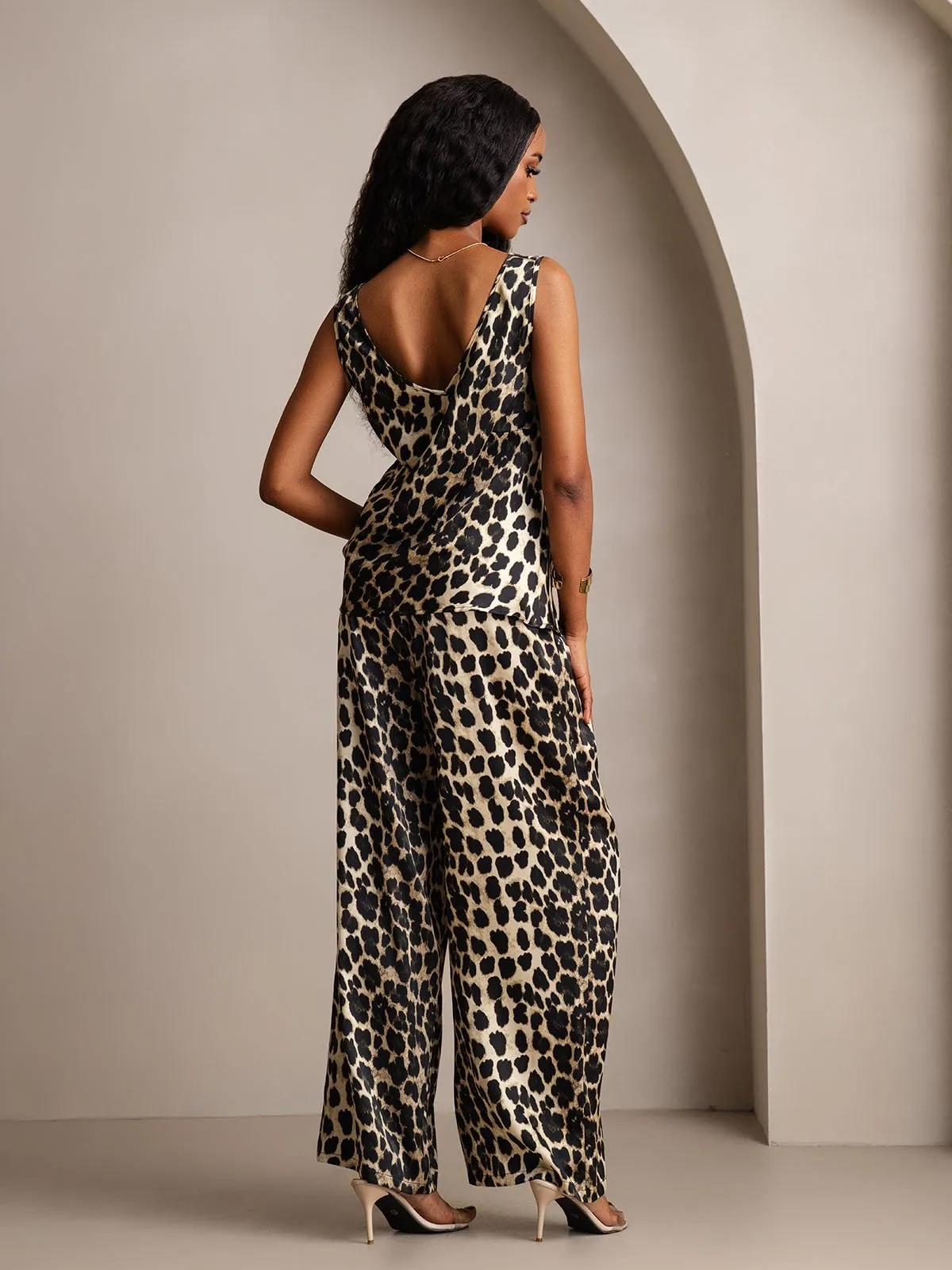 Pure Silk Leopard Print V Neck Tank Top & Wide Leg Pants Set sold by SilkSilky product image thumbnail 2